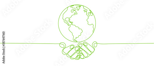 Happy earth day banner by green continuous single line drawing hands embracing the planet isolated on white background in concept of environment, ecology,  eco friendly symbol. Vector illustration 