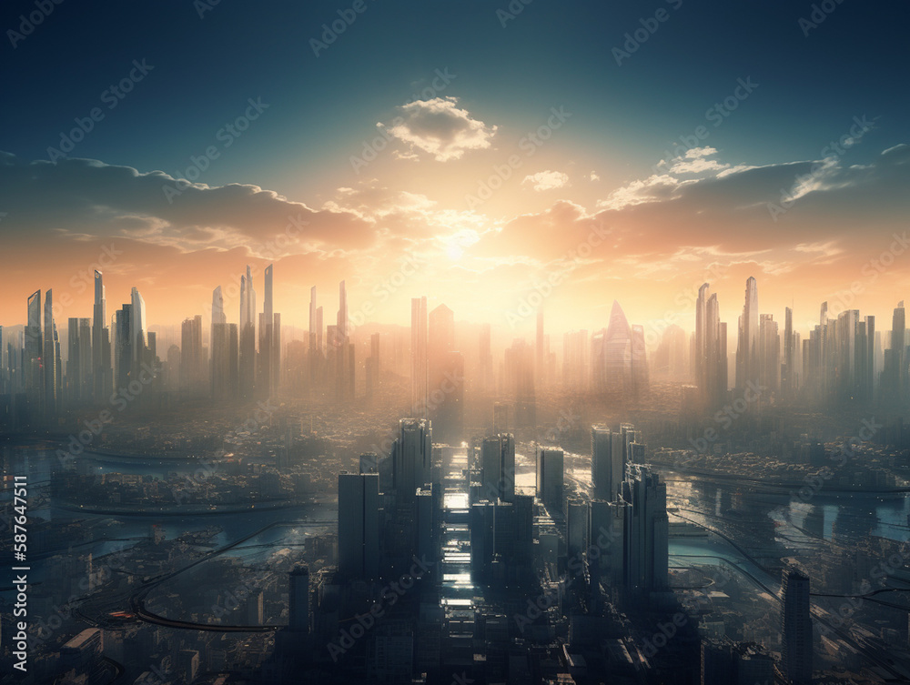 Fototapeta premium Futuristic city skyline with digitally-enhanced features, ai generative