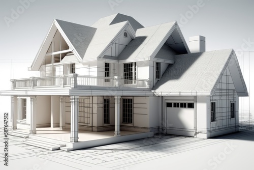 3D house rendering overlaying a blueprint. Generative AI