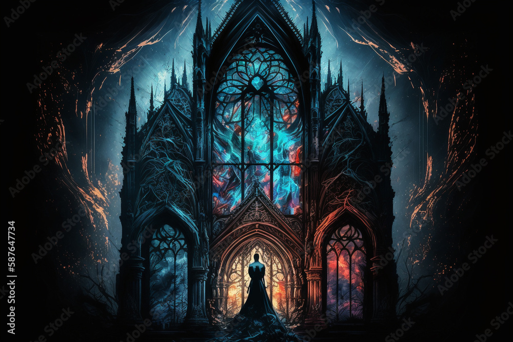 Cathedral  Fantasy | A gothic cathedral with stained glass windows depicting scenes from Greek mythology. realistic dark and moody color palette, and the light setting creates a dramatic effect.  Ai