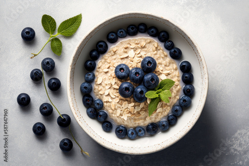 Close up of healthy oat porridge with fresh blueberries in white bowl. Top view of delicious breakfast meal with organic grains, berries, and milk. Vegetarian, vegan, and natural diets. Generative AI