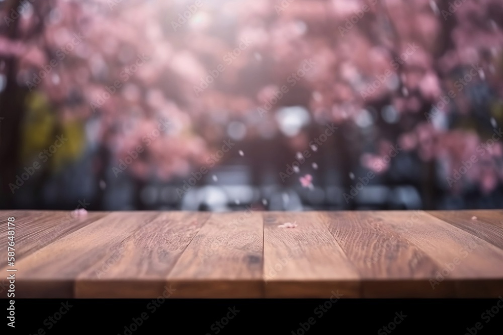 Empty Wooden Table for product with Blurred Sakura Flowers Bokeh Background