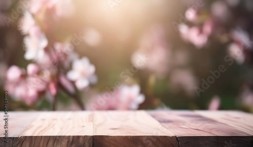 Empty Wooden Table for product with Blurred Sakura Flowers Bokeh Background