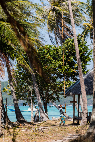 Local man trying collect coconuts from palm using long stick, Karimunjava, Indonesia photo