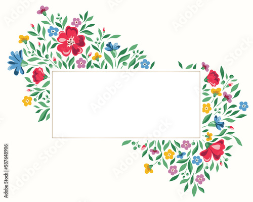 Colorful Chintz Romantic Meadow Wildflowers Vector Rectangular Frame. Cottagecore Garden Flowers and Foliage Wedding Invitation. Homestead Bouquet. Farmhouse Background