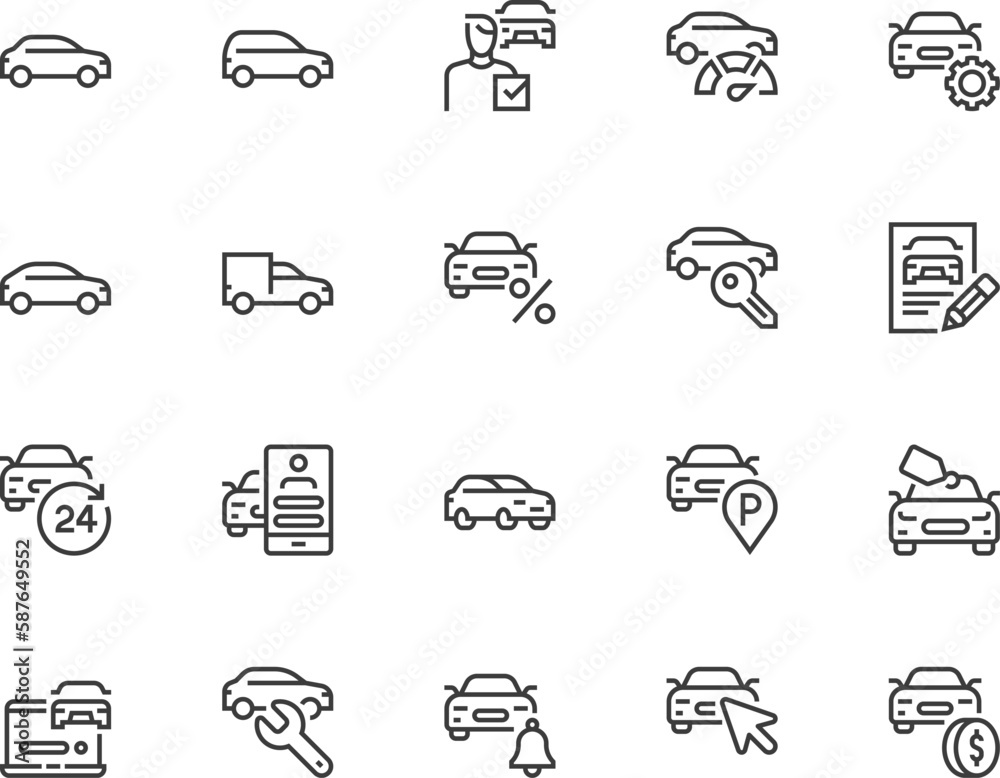 Car, vehicle, automobile. Tech review, repair, rent, purchase, car maintenance. Vector Line Icons Set. Editable Stroke. Pixel Perfect. Car, vehicle, automobile. Tech review, repair, rent, purchase, car maintenance. Vector Line Icons Set. Editable Stroke. Pixel Perfect.