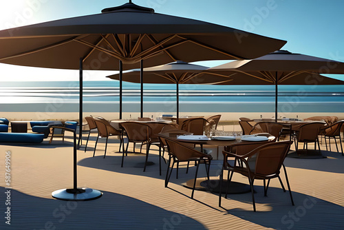 A seating area and umbrella on the beach with a very bright sunny day, a place for peace and relaxation, Generative AI