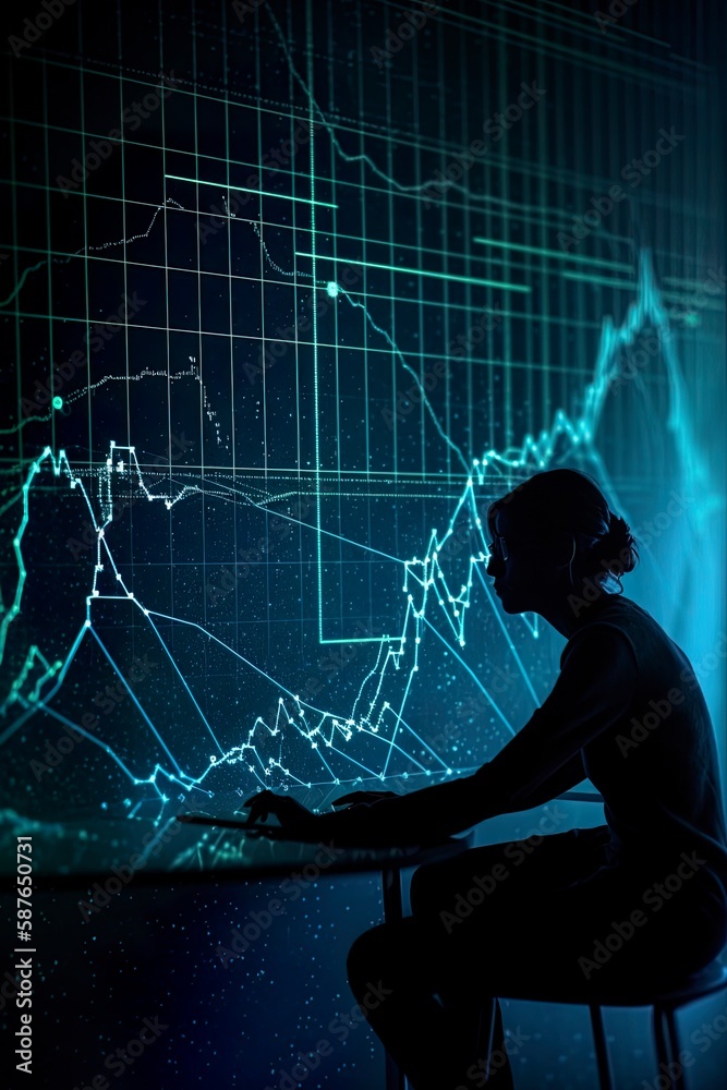 Blue business and technology background with a person and graphs. AI Generative Art. Blue business and technology background with a person and graphs. AI Generative Art.