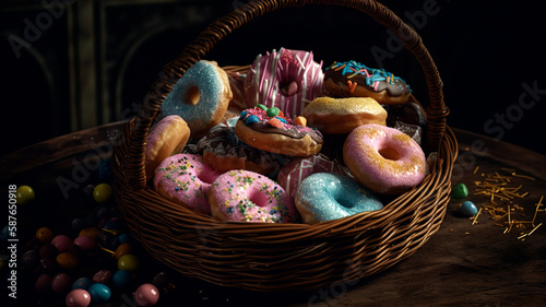 Different flavour Donuts in a basket. Indulge in a Basket of Mouthwatering Donuts
