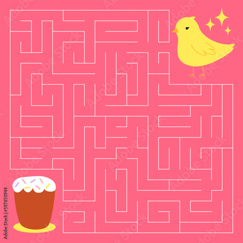 Spring maze game for kids. Cute chicken looking for a way to the easter cake. Happy easter. Printable worksheet.
