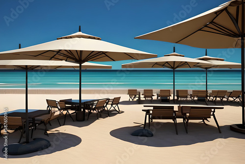 A seating area and umbrella on the beach with a very bright sunny day  a place for peace and relaxation  Generative AI