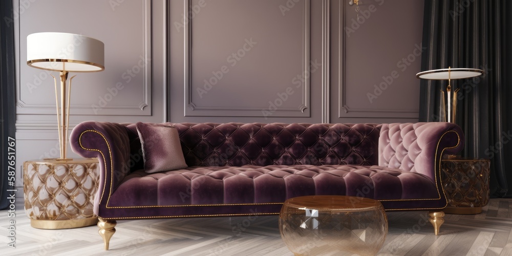 Obraz premium colorful sofa in front of accent wall in modern interior, generative ai
