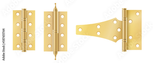 Golden door hinges construction hardware. Realistic set of gold tools for joint gates and windows.metal hinges for house and furniture. vector