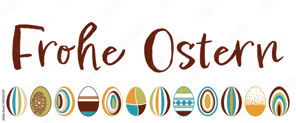 Frohe Ostern - Schriftzug in deutscher Sprache. Grußkarte mit einem Set