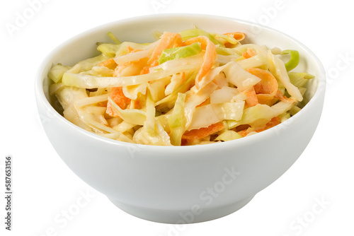 Coleslaw in a white ceramic bowl isolated.