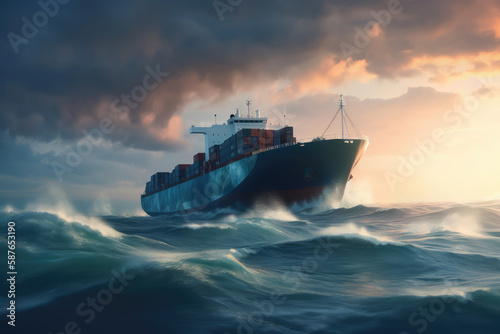 Cargo tanker with containers at sea during storm. Generative AI © masharinkaphotos