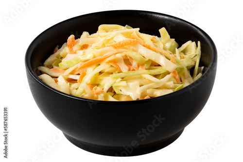 Tableau sur toile Coleslaw in a black ceramic bowl isolated.