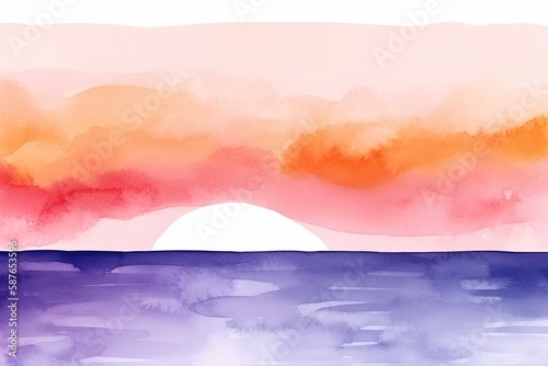abstract minimalist watercolor ocean on a white background with a purple orange sunrise sky single brushstroke to use as a wallpaper - Generative AI