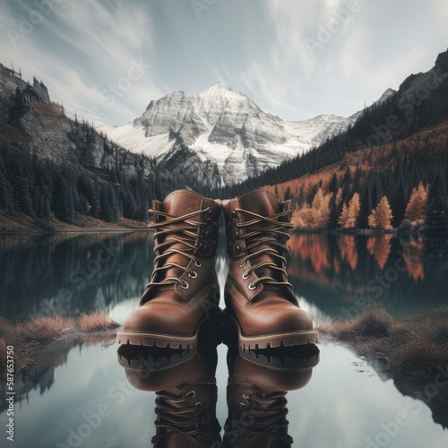 Unisex hiking boots on mirror surface of mountain lake. Generative AI
