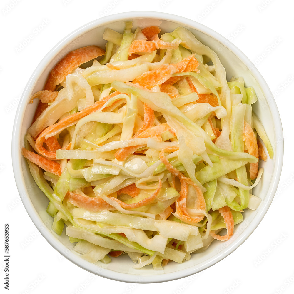 Coleslaw in a white ceramic bowl isolated from above. Coleslaw in a white ceramic bowl isolated from above.