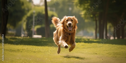 Dog Running through a Sunny Park in the Afternoon