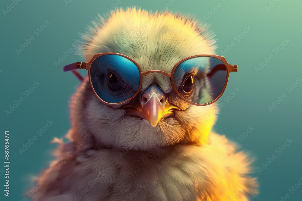 chick wearing sunglasses on a solid color background, vector art, digital art, faceted, minimal, abstract. Generative AI.