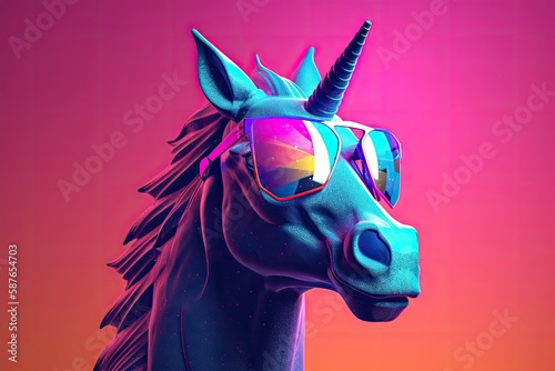 unicorn wearing sunglasses on a solid color background, vector art, digital art, faceted, minimal, abstract. Generative AI.