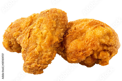 Crispy fried chicken pieces, drumstick and wing, isolated.