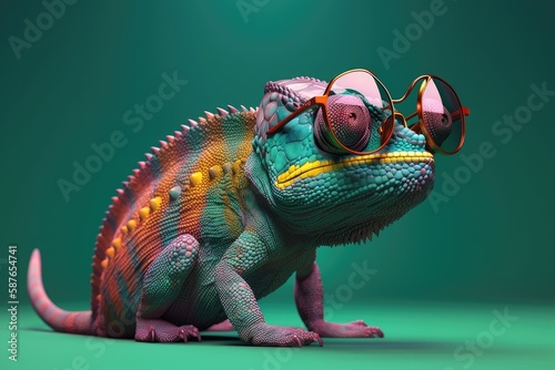 chameleon wearing sunglasses on a solid color background, vector art, digital art, faceted, minimal, abstract. Generative AI. photo