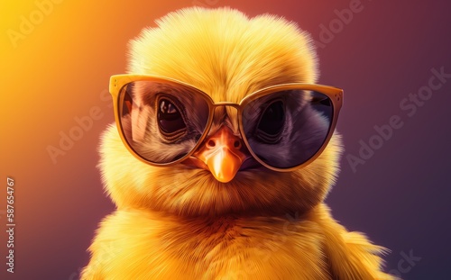 chick wearing sunglasses on a solid color background, vector art, digital art, faceted, minimal, abstract. Generative AI. © andrenascimento