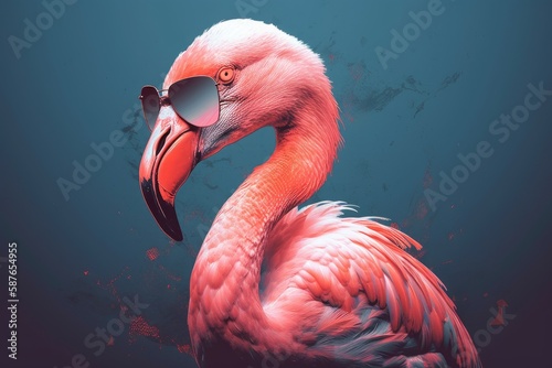 flamingo wearing sunglasses on a solid color background, vector art, digital art, faceted, minimal, abstract. Generative AI. 