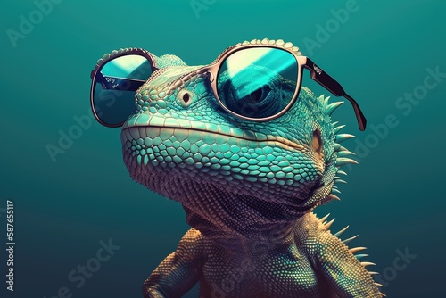 lizard reptile wearing sunglasses on a solid color background, vector art, digital art, faceted, minimal, abstract. Generative AI. © andrenascimento
