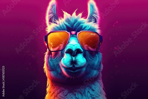 llama wearing sunglasses on a solid color background, vector art, digital art, faceted, minimal, abstract. Generative AI. © andrenascimento