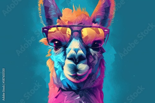 llama wearing sunglasses on a solid color background, vector art, digital art, faceted, minimal, abstract. Generative AI. photo