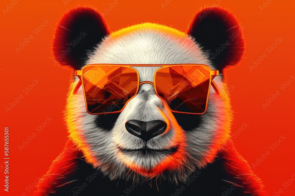 panda wearing sunglasses on a solid color background, vector art, digital art, faceted, minimal, abstract. Generative AI.