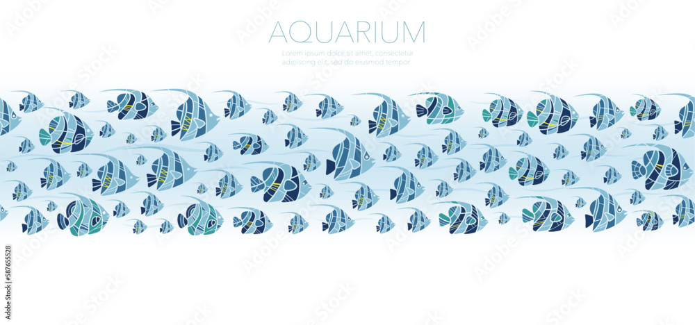 A School Of Fish Vector Seamless Illustration Isolated On A White Background. Horizontally Repeatable. 