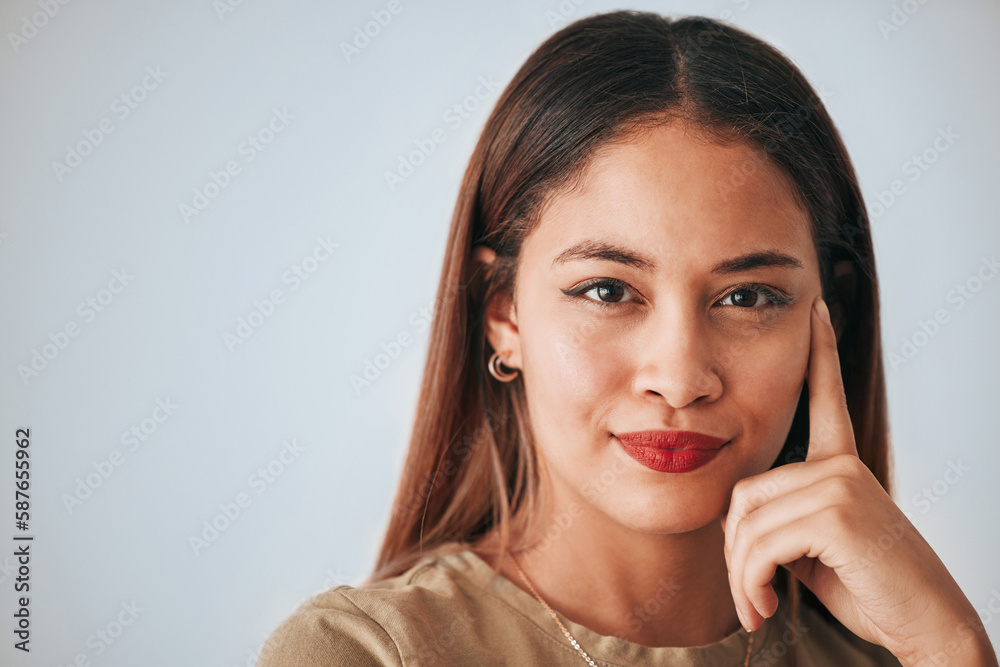 Thinking, woman portrait and happy face closeup of a young female with decision and mockup. Isolated, studio background and contemplation person with creative strategy idea feeling thoughtful