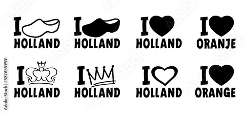 Slogan i love orange or oranje. Queen or king crowns icon. Traditional festival on party. Holland  King s Day or Queen s Day. walk clogs  farms clogs sign. The Netherlands shoe