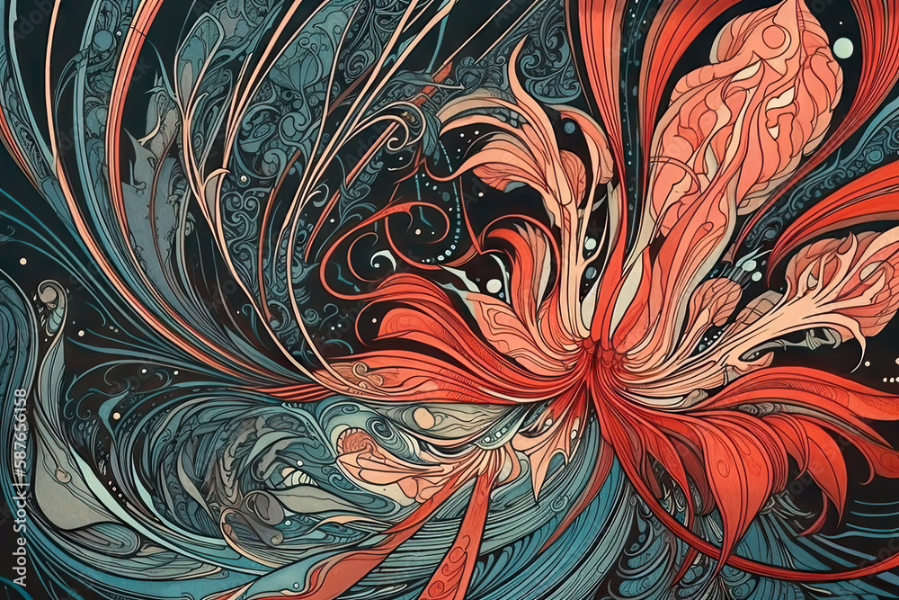 blue and red vintage line pattern texture, watercolor artnouveau