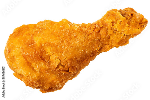 Crispy fried chicken drumstick isolated from above.