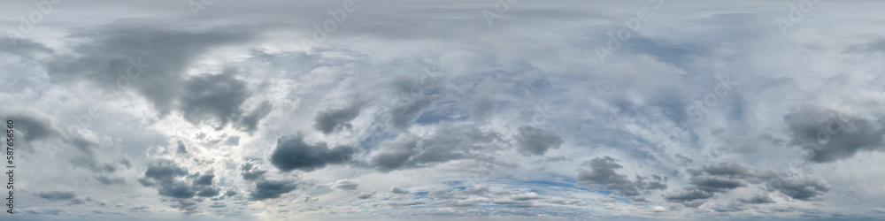 overcast blue sky with cumulus clouds as seamless hdri 360 panorama with zenith in spherical equirectangular projection may use for sky dome replacement in 3d graphics and edit drone shot