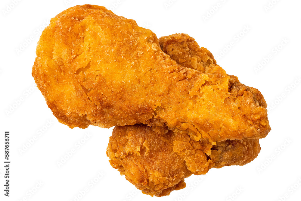 Crispy fried chicken pieces, drumstick and thigh, isolated from above. Crispy fried chicken pieces, drumstick and thigh, isolated from above.