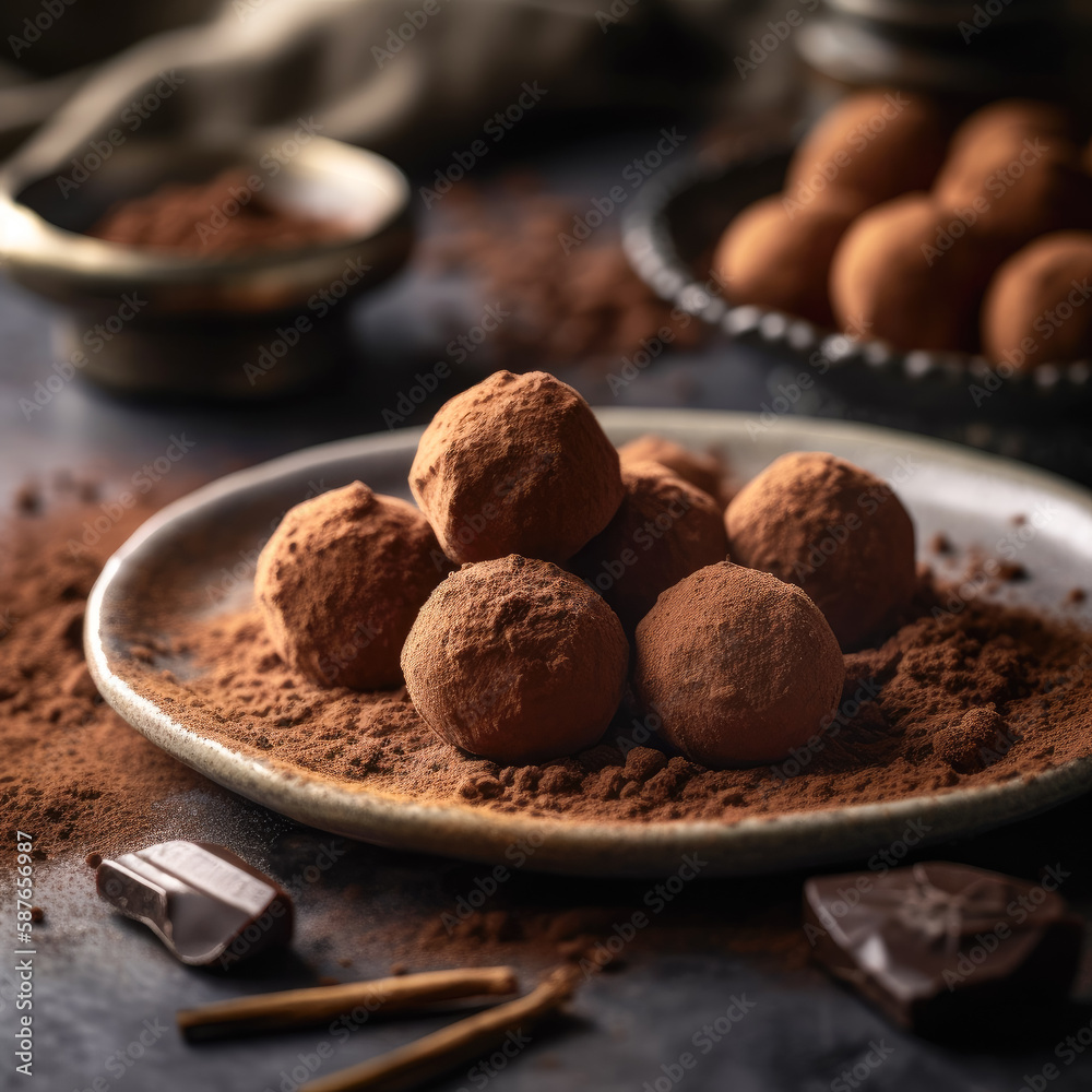 Rich and indulgent chocolate truffles, dusted with cocoa powder and presented on a sleek white plate. Rich and indulgent chocolate truffles, dusted with cocoa powder and presented on a sleek white plate.