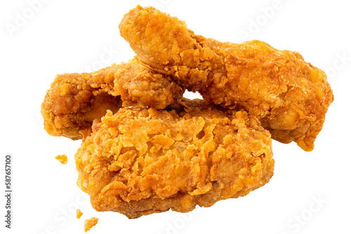 Crispy fried chicken pieces, drumstick, wing and thigh, isolated.