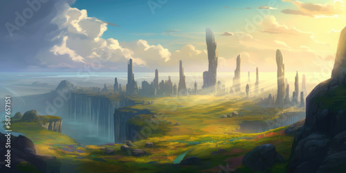 Ethereal Horizons, A Majestic Landscape in a Fantasy World, Generated by AI photo