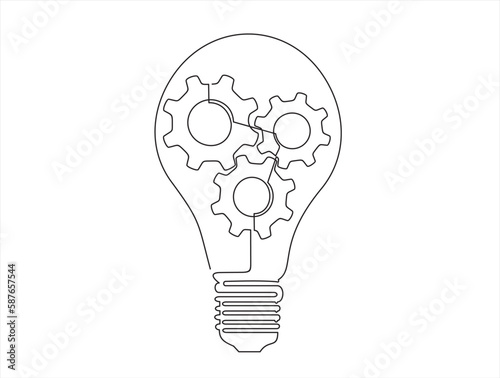 Continuous one single line drawing innovation Light bulb and gears inside icon vector illustration concept