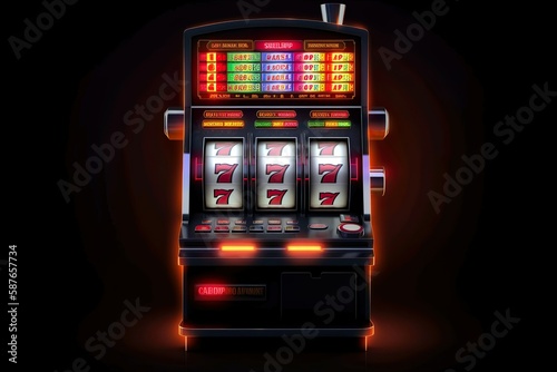 Realistic one arm bandit, win, 777, jackpot slot machine, casino, black background. ai generated.