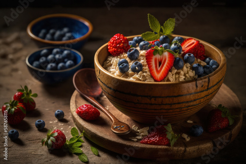 Bowl of homemade oat porridge with fresh blueberries and strawberries, sprinkled with crunchy granola and drizzled with almond milk. A wholesome breakfast for a natural health boost. Generative AI