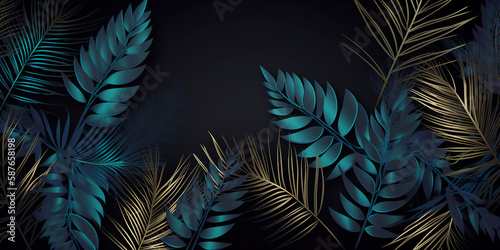 Dark mystique of navy leaves and golden fronds against an inky background, evoking a midnight garden