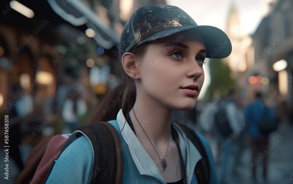 Young urban explorer in a cap wandering through bustling city streets at dusk